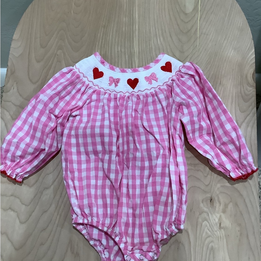 Pink Gingham Baby Romper with Hearts and Bows